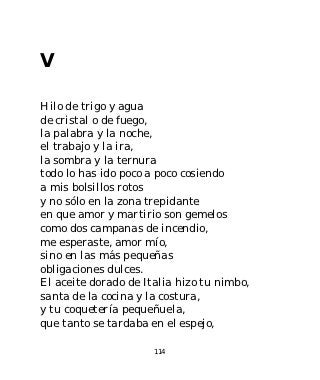 V

Hilo de trigo y agua
de cristal o de fuego,
la palabra y la noche,
el trabajo y la ira,
la sombra y la ternura
todo lo has ido poco a poco cosiendo
a mis bolsillos rotos
y no sólo en la zona trepidante
en que amor y martirio son gemelos
como dos campanas de incendio,
me esperaste, amor mío,
sino en las más pequeñas
obligaciones dulces.
El aceite dorado de Italia hizo tu nimbo,
santa de la cocina y la costura,
y tu coquetería pequeñuela,
que tanto se tardaba en el espejo,

                      114
 