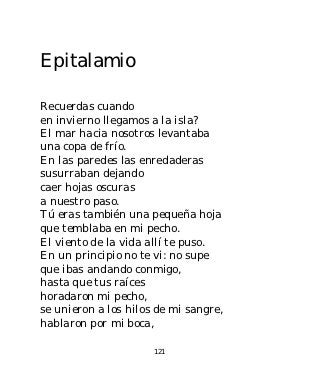 Epitalamio

Recuerdas cuando
en invierno llegamos a la isla?
El mar hacia nosotros levantaba
una copa de frío.
En las paredes las enredaderas
susurraban dejando
caer hojas oscuras
a nuestro paso.
Tú eras también una pequeña hoja
que temblaba en mi pecho.
El viento de la vida allí te puso.
En un principio no te vi: no supe
que ibas andando conmigo,
hasta que tus raíces
horadaron mi pecho,
se unieron a los hilos de mi sangre,
hablaron por mi boca,

                      121
 