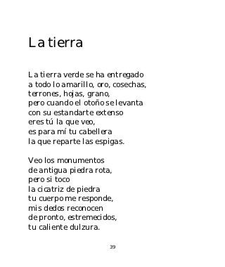 La tierra

La tierra verde se ha entregado
a todo lo amarillo, oro, cosechas,
terrones, hojas, grano,
pero cuando el otoño se levanta
con su estandarte extenso
eres tú la que veo,
es para mí tu cabellera
la que reparte las espigas.

Veo los monumentos
de antigua piedra rota,
pero si toco
la cicatriz de piedra
tu cuerpo me responde,
mis dedos reconocen
de pronto, estremecidos,
tu caliente dulzura.

                       39
 
