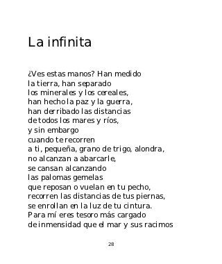 La infinita

¿Ves estas manos? Han medido
la tierra, han separado
los minerales y los cereales,
han hecho la paz y la guerra,
han derribado las distancias
de todos los mares y ríos,
y sin embargo
cuando te recorren
a ti, pequeña, grano de trigo, alondra,
no alcanzan a abarcarle,
se cansan alcanzando
las palomas gemelas
que reposan o vuelan en tu pecho,
recorren las distancias de tus piernas,
se enrollan en la luz de tu cintura.
Para mí eres tesoro más cargado
de inmensidad que el mar y sus racimos

                     28
 