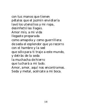 con tus manos que tienen
pétalos que el jazmín envidiaría
lavó los utensilios y mi ropa,
desinfectó las llagas.
Amor mío, a mi vida
llegaste preparada
como amapola y como guerrillera:
de seda el esplendor que yo recorro
con el hambre y la sed
que sólo para ti traje a este mundo,
y detrás de la seda
la muchacha de hierro
que luchará a mi lado.
Amor, amor, aquí nos encontramos.
Seda y metal, acércate a mi boca.




                      115
 