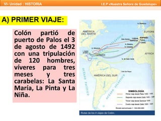 A) PRIMER VIAJE:
Rutas de los 4 viajes de Colón.
Colón partió de
puerto de Palos el 3
de agosto de 1492
con una tripulación
de 120 hombres,
víveres para tres
meses y tres
carabelas: La Santa
María, La Pinta y La
Niña.
VI- Unidad : HISTORIA I.E.P «Nuestra Señora de Guadalupe»
 