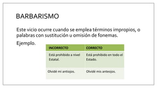 BARBARISMO
Este vicio ocurre cuando se emplea términos impropios, o
palabras con sustitución u omisión de fonemas.
Ejemplo.
INCORRECTO CORRECTO
Está prohibido a nivel
Estatal.
Está prohibido en todo el
Estado.
Olvidé mi antiojos. Olvidé mis anteojos.
 