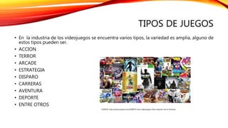 TIPOS DE JUEGOS
FUENTE: http://www.sopitas.com/658876-time-videojuegos-lista-mejores-de-la-historia/
• En la industria de los videojuegos se encuentra varios tipos, la variedad es amplia, alguno de
estos tipos pueden ser.
• ACCION
• TERROR
• ARCADE
• ESTRATEGIA
• DISPARO
• CARRERAS
• AVENTURA
• DEPORTE
• ENTRE OTROS
 