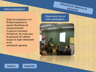 Videos científicosSon acciones hechas por la humanidad acerca del mundo físico y social, de sus leyes y de sus aplicaciones por actividad humana para elmejoramiento de la vida. Estos videos son producidosTanto en la educación formal como en la permanente.Observación de video científico en youtube