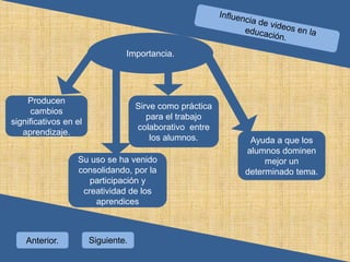 Principales fundamentos.Los videos en la educación son un aporte importante que esta constituido por los recursos tecnológicos disponibles,que contribuyen en una forma de comunicarse “lenguaje digital”  que significa algo distinto y cada vez plantea nuevas posibilidades.