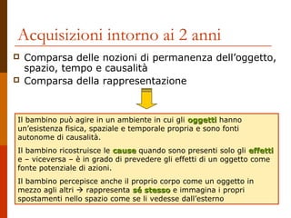 Acquisizioni intorno ai 2 anni
 Comparsa delle nozioni di permanenza dell’oggetto,
spazio, tempo e causalità
 Comparsa della rappresentazione
Il bambino può agire in un ambiente in cui gli oggettioggetti hanno
un’esistenza fisica, spaziale e temporale propria e sono fonti
autonome di causalità.
Il bambino ricostruisce le causecause quando sono presenti solo gli effettieffetti
e – viceversa – è in grado di prevedere gli effetti di un oggetto come
fonte potenziale di azioni.
Il bambino percepisce anche il proprio corpo come un oggetto in
mezzo agli altri  rappresenta sé stessosé stesso e immagina i propri
spostamenti nello spazio come se li vedesse dall’esterno
 