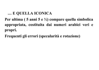 … E QUELLA ICONICA
Per ultima ( 5 anni 5 e ½) compare quella simbolica
appropriata, costituita dai numeri arabici veri e
propri.
Frequenti gli errori (specularità e rotazione)
 