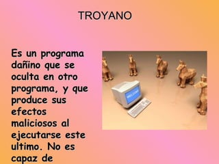 Es un programa dañino que se oculta en otro programa, y que produce sus efectos maliciosos al ejecutarse este ultimo. No es capaz de infectar otros archivos, y sólo se ejecuta una vez. TROYANO 