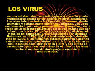 LOS VIRUS   es una  entidad infecciosa microscópica  que sólo puede multiplicarse dentro de las células de otros organismos. Los virus infectan todos los tipos de organismos, desde  animales  y  plantas  hasta  bacterias  y  arqueas . Los virus son demasiado pequeños para poder ser observados con la ayuda de un  microscopio óptico , por lo que se dice que son submicroscópicos. El primer virus conocido, el  virus del mosaico del tabaco,[n. 2]  fue descubierto por  Martinus Beijerinck  en  1899,[1] [2]  y actualmente se han descrito más de 5.000, si bien algunos autores opinan que podrían existir millones de tipos diferentes. Los virus se hallan en casi todos los ecosistemas de la Tierra y son el tipo de entidad biológica más abundante. El estudio de los virus recibe el nombre de  virología ,[una rama de la  microbiología. 