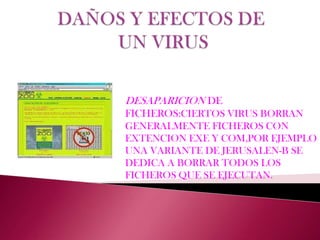 DAÑOS Y EFECTOS DE UN VIRUSDESAPARICION DE FICHEROS:CIERTOS VIRUS BORRAN GENERALMENTE FICHEROS CON EXTENCION EXE Y COM,POR EJEMPLO UNA VARIANTE DE JERUSALEN-B SE DEDICA A BORRAR TODOS LOS FICHEROS QUE SE EJECUTAN.
