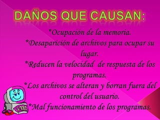 Dañosquecausan:*Ocupación de la memoria.*Desaparición de archivos para ocupar su lugar. *Reducen la velocidad  de respuesta de los programas.*Los archivos se alteran y borran fuera del control del usuario.*Mal funcionamiento de los programas.