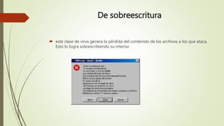 De sobreescritura
 este clase de virus genera la pérdida del contenido de los archivos a los que ataca.
Esto lo logra sobrescribiendo su interior.
 