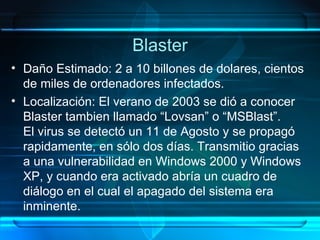 Blaster Daño Estimado: 2 a 10 billones de dolares, cientos de miles de ordenadores infectados. Localización: El verano de 2003 se dió a conocer Blaster tambien llamado “Lovsan” o “MSBlast”. El virus se detectó un 11 de Agosto y se propagó rapidamente, en sólo dos días. Transmitio gracias a una vulnerabilidad en Windows 2000 y Windows XP, y cuando era activado abría un cuadro de diálogo en el cual el apagado del sistema era inminente. 