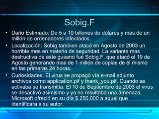 Sobig.F Daño Estimado: De 5 a 10 billones de dólares y más de un millón de ordenadores infectados. Localización: Sobig tambien atacó en Agosto de 2003 un horrible mes en materia de seguridad. La variante mas destructiva de este gusano fué Sobig.F, que atacó el 19 de Agosto generando mas de 1 millón de copias de él mismo en las primeras 24 horas. Curiosidades: El virus se propagó vía e-mail adjunto archivos como application.pif y thank_you.pif. Cuando se activaba se transmitía. El 10 de Septiembre de 2003 el virus se desactivó asimismo y ya no resultaba una amenaza, Microsoft ofreció en su día $ 250.000 a aquel que identificara a su autor. 