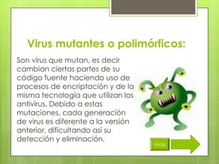 Virus mutantes o polimórficos:
Son virus que mutan, es decir
cambian ciertas partes de su
código fuente haciendo uso de
procesos de encriptación y de la
misma tecnología que utilizan los
antivirus. Debido a estas
mutaciones, cada generación
de virus es diferente a la versión
anterior, dificultando así su
detección y eliminación.
                                     inicio
 