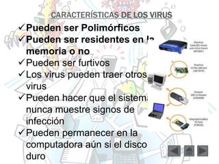 CARACTERÍSTICAS DE LOS VIRUS 
Pueden ser Polimórficos 
Pueden ser residentes en la 
memoria o no 
Pueden ser furtivos 
Los virus pueden traer otros 
virus 
Pueden hacer que el sistema 
nunca muestre signos de 
infección 
Pueden permanecer en la 
computadora aún si el disco 
duro 
 