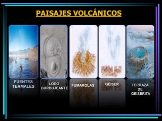 FUENTES
TERMALES
LODO
BURBUJEANTE
PAISAJES VOLCÁNICOS
FUMAROLAS GÉISER TERRAZA
DE
GEISERITA
 