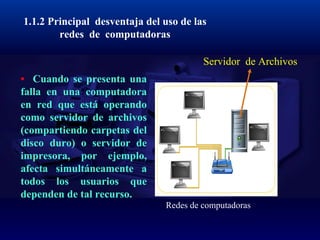 1.1.2 Principal  desventaja del uso de las redes  de  computadoras •  Cuando se presenta una falla en una computadora en red que está operando como servidor de archivos (compartiendo carpetas del disco duro) o servidor de impresora, por ejemplo, afecta simultáneamente a todos los usuarios que dependen de tal recurso. Redes de computadoras Servidor  de Archivos 