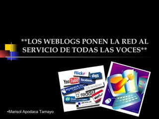 **LOS WEBLOGS PONEN LA RED AL
      SERVICIO DE TODAS LAS VOCES**




•Marisol Apodaca Tamayo
 