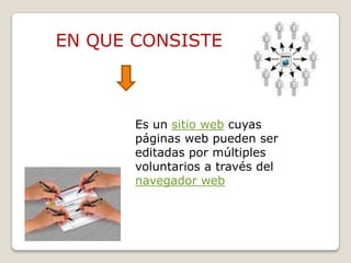 EN QUE CONSISTEEs un sitio web cuyas páginas web pueden ser editadas por múltiples voluntarios a través del navegador web