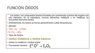 FUNCIÓN ÓXIDOS
• Los óxidos son compuestos binarios formados por combinación química del oxígeno con
otro elemento. En la naturaleza, muchos elementos metálicos y no metálicos se
encuentran formando óxidos.
• Artificialmente, los óxidos se forman generalmente a altas temperaturas.
• Ejemplo:
• 2 Fe + O2 → 2 FeO
• S + O2 → SO2
• Tipos de Óxidos:
• óxidos metálicos u óxidos básicos
• óxidos no metálicos u óxidos ácidos
• Formulación General:
•
 