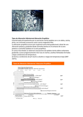 Tipos de Alteración Hidrotermal Alteración Propilítica
Caracterizada principalmente por la asociación clorita-epidota con o sin albita, calcita,
pirita, con minerales accesorios como cuarzo-magnetita-illita.
La alteración propilítica ocurre por lo general como halo gradacional y distal de una
alteración potásica, gradando desde actinolita-biotita en el contacto de la zona
potásica a actinolita-epidota en la zona propilítica.
En zonas más distales se observan asociaciones de epidota-clorita-albita-carbonatos
gradando a zonas progresivamente más ricas en clorita y zeolitas hidratadas formadas
a bajas condiciones de temperatura.
Se forma a condiciones de pH neutro a alcalino a rangos de temperatura bajo (200°-
250°C).
 