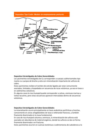 Depositos Estratoligados de Cobre Generalidades
Los yacimientos estratoligados de Cu corresponden a cuerpos subhorizontales tipo
manto o a cuerpos de brecha y veta con mineralización importante de sulfuros de
cobre.
Estos yacimientos reciben el nombre de estrato ligados por estar comunmente
asociados, limitados y hospedados en secuencias de rocas volcánicas, ya sea en lavas o
en sedimentos volcánicos.
En algunos casos la roca huesped puede corresponder a calizas, areniscas marinas y
lutitas lacustres, pero estas secuencias aparecen intercaladas dentro de secuencias
volcánicas.
Depositos Estratoligados de Cobre Generalidades
La mineralización ocurre principalmente en lavas andesíticas porfiríticas y brechas,
comúnmente en zonas amigdaloidales de lavas o rellenando fracturas, y también
finamente diseminada en la masa fundamental.
En caso de roca huesped calcarea y areniscas, la mineralización de sulfuros está
asociada con abundancia de material orgánico, donde los sulfuros se dan en forma
finamente diseminada o en fracturas.
Estos yacimientos ocurren en cuencas tectónicas o sedimentarias de subsidencia a lo
 