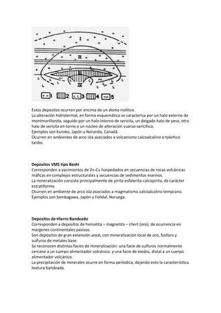 Estos depositos ocurren por encima de un domo riolítico.
La alteración hidrotermal, en forma esquemática se caracteriza por un halo externo de
montmorillonita, seguido por un halo interno de sericita, un delgado halo de yeso, otro
halo de sericita en torno a un núcleo de alteración cuarzo-sericítico.
Ejemplos son Kuroko, Japón y Noranda, Canadá.
Ocurren en ambientes de arco isla asociados a volcanismo calcoalcalino o toleítico
tardio.
Depositos VMS tipo Beshi
Corresponden a yacimientos de Zn-Cu hospedados en secuencias de rocas volcánicas
máficas en complejos estructurales y secuencias de sedimentos marinos.
La mineralización consiste principalmente de pirita-esfalerita-calcopirita, de carácter
estratiforme.
Ocurren en ambiente de arco isla asociados a magmatismo calcoalcalino temprano.
Ejemplos son Sambagawa, Japón y Folldal, Noruega.
Depositos de Hierro Bandeado
Corresponden a depositos de hematita – magnetita – chert (oro), de ocurrencia en
margenes continentales pasivos.
Son depositos de gran extensión areal, con mineralización local de oro, fosforo y
sulfuros de metales base.
Se reconocen distintas facies de mineralización: una facie de sulfuros normalmente
cercano a un cuerpo alimentador volcánico, y una facie de óxidos, distal a un cuerpo
alimentador volcánico.
La precipitación de minerales ocurre en forma períodica, dejando esto la caracterísitica
textura bandeada.
 