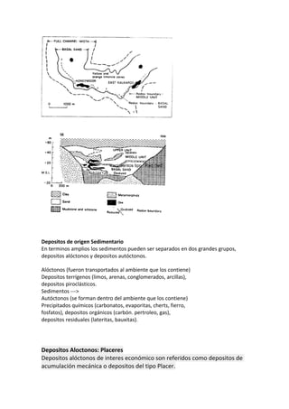 Depositos de origen Sedimentario
En terminos amplios los sedimentos pueden ser separados en dos grandes grupos,
depositos alóctonos y depositos autóctonos.
Alóctonos (fueron transportados al ambiente que los contiene)
Depositos terrígenos (limos, arenas, conglomerados, arcillas),
depositos piroclásticos.
Sedimentos --->
Autóctonos (se forman dentro del ambiente que los contiene)
Precipitados químicos (carbonatos, evaporitas, cherts, fierro,
fosfatos), depositos orgánicos (carbón. pertroleo, gas),
depositos residuales (lateritas, bauxitas).
Depositos Aloctonos: Placeres
Depositos alóctonos de interes económico son referidos como depositos de
acumulación mecánica o depositos del tipo Placer.
 