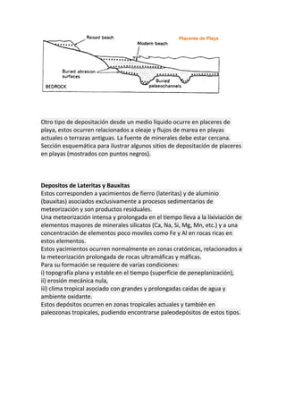 Otro tipo de depositación desde un medio líquido ocurre en placeres de
playa, estos ocurren relacionados a oleaje y flujos de marea en playas
actuales o terrazas antiguas. La fuente de minerales debe estar cercana.
Sección esquemática para ilustrar algunos sitios de depositación de placeres
en playas (mostrados con puntos negros).
Depositos de Lateritas y Bauxitas
Estos corresponden a yacimientos de fierro (lateritas) y de aluminio
(bauxitas) asociados exclusivamente a procesos sedimentarios de
meteorización y son productos residuales.
Una meteorización intensa y prolongada en el tiempo lleva a la lixiviación de
elementos mayores de minerales silicatos (Ca, Na, Si, Mg, Mn, etc.) y a una
concentración de elementos poco moviles como Fe y Al en rocas ricas en
estos elementos.
Estos yacimientos ocurren normalmente en zonas cratónicas, relacionados a
la meteorización prolongada de rocas ultramáficas y máficas.
Para su formación se requiere de varias condiciones:
i) topografía plana y estable en el tiempo (superficie de peneplanización),
ii) erosión mecánica nula,
iii) clima tropical asociado con grandes y prolongadas caidas de agua y
ambiente oxidante.
Estos depósitos ocurren en zonas tropicales actuales y también en
paleozonas tropicales, pudiendo encontrarse paleodepósitos de estos tipos.
 
