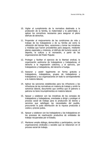 Decreto 8.938 Pág. 206




10. Vigilar el cumplimiento de la normativa destinada a la
    protección de la familia, la maternidad y la paternidad, y
    aplicar los correctivos necesarios para asegurar el pleno
    disfrute de derechos.

11. Propender al mejoramiento de las condiciones de vida y
    trabajo de los trabajadores y de su familia así como la
    utilización del tiempo libre, vacaciones y tomar las iniciativas
    y medidas que fueren procedentes para asegurar, mediante
    planes especiales y misiones, el disfrute del turismo social, el
    deporte, la cultura y la recreación, a partir de las
    organizaciones del Poder Popular.

12. Proteger y facilitar el ejercicio de la libertad sindical, la
    organización autónoma de trabajadores y trabajadoras, el
    derecho a la negociación colectiva, y el ejercicio, por
    trabajadores y trabajadoras, del derecho a huelga.

13. Asesorar y asistir legalmente en forma gratuita a
    trabajadores, trabajadoras, grupos de trabajadores y
    trabajadoras y sus organizaciones en todo lo correspondiente
    a la materia laboral;

14. Aplicar las sanciones establecidas para los infractores y las
    infractoras de las normativas en materia de trabajo y emitir la
    solvencia laboral, documento que certifica que el patrono o
    patrona no tiene incumplimientos en materia laboral.

15. Apoyar y colaborar con las iniciativas de los consejos de
    trabajadores y trabajadoras, orientadas a dirigir y proteger el
    proceso social de trabajo para la producción de bienes y
    servicios que satisfagan las necesidades del pueblo,
    procurando la justa distribución de la riqueza producida a
    costos y precios justos.

16. Apoyar y colaborar con los trabajadores y las trabajadoras en
    los procesos de reactivación productiva de entidades de
    trabajo recuperadas por el Estado;

17. Mantener amplio diálogo, democrático y participativo, con las
    organizaciones sindicales y sociales que se relacionan en el
    proceso social de trabajo.
 