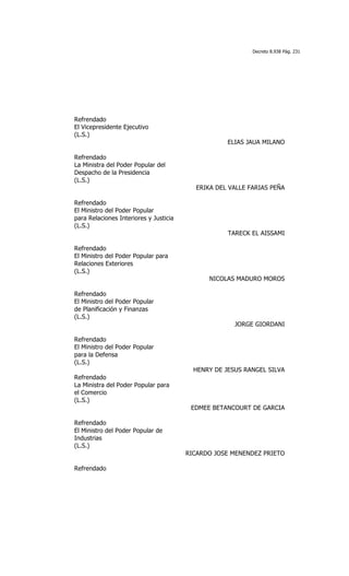 Decreto 8.938 Pág. 231




Refrendado
El Vicepresidente Ejecutivo
(L.S.)
                                                    ELIAS JAUA MILANO

Refrendado
La Ministra del Poder Popular del
Despacho de la Presidencia
(L.S.)
                                          ERIKA DEL VALLE FARIAS PEÑA

Refrendado
El Ministro del Poder Popular
para Relaciones Interiores y Justicia
(L.S.)
                                                    TARECK EL AISSAMI

Refrendado
El Ministro del Poder Popular para
Relaciones Exteriores
(L.S.)
                                              NICOLAS MADURO MOROS

Refrendado
El Ministro del Poder Popular
de Planificación y Finanzas
(L.S.)
                                                      JORGE GIORDANI

Refrendado
El Ministro del Poder Popular
para la Defensa
(L.S.)
                                          HENRY DE JESUS RANGEL SILVA
Refrendado
La Ministra del Poder Popular para
el Comercio
(L.S.)
                                         EDMEE BETANCOURT DE GARCIA

Refrendado
El Ministro del Poder Popular de
Industrias
(L.S.)
                                        RICARDO JOSE MENENDEZ PRIETO

Refrendado
 
