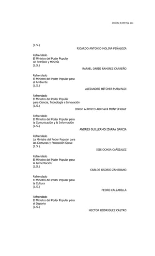 Decreto 8.938 Pág. 233




(L.S.)
                                     RICARDO ANTONIO MOLINA PEÑALOZA

Refrendado
El Ministro del Poder Popular
de Petróleo y Minería
(L.S.)
                                        RAFAEL DARIO RAMIREZ CARREÑO

Refrendado
El Ministro del Poder Popular para
el Ambiente
(L.S.)
                                          ALEJANDRO HITCHER MARVALDI

Refrendado
El Ministro del Poder Popular
para Ciencia, Tecnología e Innovación
(L.S.)
                                 JORGE ALBERTO ARREAZA MONTSERRAT

Refrendado
El Ministro del Poder Popular para
la Comunicación y la Información
(L.S.)
                                      ANDRES GUILLERMO IZARRA GARCIA

Refrendado
La Ministra del Poder Popular para
las Comunas y Protección Social
(L.S.)
                                                 ISIS OCHOA CAÑIZALEZ

Refrendado
El Ministro del Poder Popular para
la Alimentación
(L.S.)
                                             CARLOS OSORIO ZAMBRANO

Refrendado
El Ministro del Poder Popular para
la Cultura
(L.S.)
                                                    PEDRO CALZADILLA

Refrendado
El Ministro del Poder Popular para
el Deporte
(L.S.)
                                            HECTOR RODRIGUEZ CASTRO
 