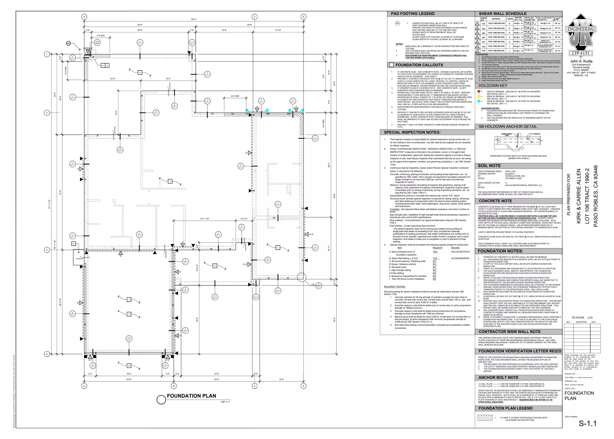 FOUNDATION PLAN
1/4" = 1'
6' 1
20' 1
10'
2
12'
2
11'-6" 1
21' 1
14'-6"
1
WSW24x8'
SW
6'
5
4'
5
3'-3"
3
3'-3"
3
19'
2
6'
2
2
D-1.1
1
D-1.1
1
D-1.1
7
D-1.1
1
D-1.1
7
D-1.1
1
D-1.1
7
D-1.1
1
D-1.1
1
D-1.1
1
D-1.1
1
D-1.1
1
D-1.1
1
D-1.1
1
D-1.1
1
D-1.1
7
D-1.1
2
D-1.1
2
D-1.1
2
D-1.1
2
D-1.1
6
D-1.1
6
D-1.1
6
D-1.1
4
D-1.1
4
D-1.1
6
D-1.1
5
D-1.1
6
D-1.1
6
D-1.1
6
D-1.1
8
D-1.1
1
1
1
3
D-1.1
2
3
3
4 5
6
7
28'-5
1/2"
31'-6"
20'-0"
2'-0"
22'-0"
59'-11
1/2"
81'-11
1/2"
3'-3" 18'-0" 3'-3" 2'-0" 19'-6" 2'-0"
12'-0"
24'-6" 23'-6"
2'-0" 26'-6" 2'-0" 15'-8" 13'-10"
30'-6" 29'-6"
60'-0"
2'-0"
8'-0"
6'-0"
28'-7"
16'-11"
1'-8
1/2"
18'-9"
10'-0"
45'-6"
16'-0"
15'-0"
15'-6"
12'-0"
18'-9"
9'-8
1/2"
2'-0"
16'-11 1/2" 4'-6 1/2"
A C D
A B C D
1
2
3
4
5'-0"
MIN
5'-0" MIN
SW
1-6
WSW1
6'-0"
MIN
6'-0" MIN
HOLDOWN KEY
SB HOLDOWN ANCHOR DETAIL
= HDU2 W/ SB5/8x24. USE 4X6 D.F. #2 POST W/ HOLDOWN.
SEE DETAIL (9/D-1.1)
= HDU4 W/ SB5/8x24. USE 4X6 D.F. #2 POST W/ HOLDOWN.
SEE DETAIL (9/D-1.1)
= HDU8 W/ SB7/8x24. USE 6X6 D.F. #1 POST W/ HOLDOWN.
SEE DETAIL (9/D-1.1)
HOLDOWN NOTES:
1. HOLDOWN ANCHORS MUST BE TIED IN PLACE PRIOR TO FOUNDATION
INSPECTION AND RE-TIGHTENED JUST PRIOR TO COVERING THE
WALL FRAMING.
2. HDU HOLDOWNS MAY BE INSTALLED 18" MAXIMUM ABOVE TOP OF
CONCRETE.
LINE
1
EMBEDMENT REINF'G
LINE
EMBEDMENT REINF'G
1
INCREASED FOOTING DEPTH AT SSTB HOLDOWN ANCHOR
(WHERE APPLICABLE)
SHEAR WALL SCHEDULE
FOOTNOTES:
2
MATERIAL
1 All sheathing to be Struct I panel grade and fully blocked.
2 Refer to "Vertical Diaphragm Notes" for material and application specifications.
3 All nails specified are common. Where "air-gun" nailing is used, care shall be taken to use true common nail equivalents.
4 Provide 0.229" thick x 3" square, flat plate washers at all 5/8" diameter anchor bolts. Plate washer is required to be within
1/2" of plywood sheathing.
5 For walls which bear trusses; one H-1 clip, from truss to top plate, may be used in place of one A35 top plate connector.
6 Use RBC @ 3x sill plate to rim joist or solid blocking with spacing per "Top Plate Connector".
7 Ok to use (1) A35 clip in lieu of (1) RBC as needed.
8 Studs shall be 3x minimum @ panel edges. Use 3x P.T.D.F. bottom plate for Shear Panel 6 & 7. Use 2x P.T.D.F. bottom
plate for Shear Panels 1-5. Stagger nails @ double top plate and panel edges.
9 Stagger nails at opposite sides of wall.
10 Provide a double rim joist and stagger SDWS screws by 3".
11 Install LTP4 with 8d common nails only.
10d @ 3 - 12
8d @ 3 - 12
10d @ 2 - 12
10d @ 3 - 12
8d @ 4 - 12
8d @ 6 - 12
550
15/32" OSB (ID# 24/0)
15/32" OSB (ID# 24/0)
15/32" OSB (ID# 24/0)
1740
870
665
15/32" OSB (ID# 24/0)
15/32" OSB (ID# 24/0)
15/32" OSB (ID# 24/0)
15/32" OSB (ID# 24/0)
430
280
16d @ 3.5" o/c
16d @ 3.0" o/c
16d @ 4.5" o/c
16d @ 6" o/c
RBC @ 18" o/c
or LPT4 @ 24" o/c
RBC @ 12" o/c
or LPT4 @ 16" o/c
RBC @ 8" o/c
or LPT4 @ 12" o/c
RBC @ 8" o/c
or LPT4 @ 10" o/c
RBC @ 6" o/c
or LPT4 @ 8" o/c
LTP4 @ 4" o/c
LTP4 @ 5" o/c
1330
TOP PLATE
CONNECTOR
3,5,
7,11
5
8
@ FND
SILL PLATE NAILS
@ SUB-FLR
4,8
6
1
3
4
5
6
7 10d @ 2 - 12
2 SIDES
SHEAR
(plf)
N
N
N
N
N
Y
Y
NAILING
(E.N. F.N.)
48" o/c
40" o/c
32" o/c
26" o/c
20" o/c
12" o/c
10" o/c
8
8
8,9,10
8,9,10
SDWS0.22x6"
SCREWS @ 6" O/C
(2)-Rows SDWS0.22x6"
SCREWS @ 6" O/C
(2)-Rows SDWS0.22x6"
SCREWS @ 6" O/C
1. STRENGTH OF CONCRETE AT 28 DAYS SHALL BE 2500 PSI MINIMUM.
2. ALL HOLDOWNS AND BRACKETS IN CONCRETE SHALL BE SET IN PLACE PRIOR TO
FOUNDATION INSPECTION.
3. A COPY OF THE SOILS REPORT SHALL BE ON SITE DURING FOUNDATION
INSPECTION.
4. VERIFY ALL HOLDOWNS AND ANCHOR BOLTS LOCATIONS WITH FLOOR PLAN.
5. THE SOILS ENGINEER SHALL INSPECT AND APPROVE THE FOUNDATION
EXCAVATIONS BEFORE REQUESTING A BUILDING DIVISION FOUNDATION
INSPECTION.
6. PRIOR TO CALLING FOR BUILDING DIVISION FOUNDATION INSPECTION,
PRELIMINARY GRADING AND COMPACTION REPORTS SHALL BE SUBMITTED TO
AND APPROVED BY THE BUILDING DIVISION GRADING INSPECTOR.
7. THE FASTENERS EMBEDDED IN CONCRETE SHALL BE ATTACHED TO, OR HOOKED
AROUND, REINFORCING STEEL OR OTHERWISE TERMINATED TO EFFECTIVELY
TRANSFER FORCES TO THE REINFORCING STEEL. (SEC 1633.2.4.2 #6)
8. HOLD DOWN DEVICES MUST BE SECURED IN PLACE PRIOR TO FOUNDATION
INSPECTION.
9. SLABS SHALL BE SAW CUT 3/4" DEEP @ 15" O.C. GRIDS WITHIN 24 HOURS OF SLAB
POUR.
10. PROVIDE FINAL SOILS REPORT PRIOR TO FOUNDATION INSPECTION. THIS REPORT
SHALLCERTIFY THAT THE SOIL PREPARED IS TO THE PRELIMINARY SOIL REPORT
AND THE SOIL CONDITION IS SUITABLE FOR THE PROPOSED STRUCTURE. THIS
REPORT SHALL BE SIGNED AND WET STAMPED BY THE SOIL ENGINEER.
11. SOIL ENGINEER SHALL INSPECT ALL FOUNDATION EXCAVATIONS PRIOR TO
CONCRETE POURING AND OBSERVE ALL REQUIRED MOISTURE CONDITIONS OF
UNDER-SLAB AREAS.
12. PRIOR TO POURING FOUNDATION, A LICENSED PROFESSIONAL SHALL PERFORM A
FOUNDATION PAD INSPECTION. A LETTER IS TO BE SENT TO THE PLAN CHECK
DIVISION AND CERTIFY THAT THE CONSTRUCTION OF THE PAD IS TO THE SITE
PLAN AND TO THE ARCHITECTURAL PLAN; AND NO DEVIATION FROM THE
APPROVED PLANS.
FOUNDATION NOTES:
CONCRETE NOTE
CONCRETE SLAB SHALL BE 4" THICK MINIMUM WITH #3 BARS @ 18" O/C. EACH WAY
OVER 2" CLEAN COMPACTED FREE DRAINING SAND OVER 10MIL VISQUEEN. VISQUEEN
TO BE PLACED OVER 6" CLEAN FREE DRAINING MATERIAL. SET REINFORCEMENT AT
MID DEPTH OF SLAB.
FOOTINGS SHALL BE 12 INCHES WIDE X 18 INCHES DEEP WITH (1)-#4 BAR TOP AND
BOTTOM UNLESS OTHERWISE NOTED ON FOUNDATION PLAN . ALWAYS CHECK
FOUNDATION LEGEND FOR DIFFERENCES IN REBAR SIZES AND LOCATIONS. NOTE
THAT DEPTH OF FOOTING SHALL BEGIN AT COMPETENT MATERIAL, WHICH MAY OR MAY
NOT BE THE SAME AS FINISHED GRADE. USE #3 REINFORCEMENT BARS SET 3"
MINIMUM ABOVE THE BOTTOM OF THE FOOTING AND BENT 3'-0" MINIMUM INTO SLAB.
LIGHTLY MOISTEN GROUND PRIOR TO PLACING CONCRETE.
CONCRETE SLABS SHALL BE SAW CUT 3/4" DEEP @ 15' O/C. GRIDS WITHIN 24 HOURS OF
SLAB POUR.
SOILS ENGINEER SHALL VERIFY ALL FOOTINGS AND SLAB AREAS PRIOR TO
CONTRACTOR PLACING FORMS AND STEEL REINFORCEMENT.
2 X SILL PLATE ----------> USE 5/8" DIAMETER X 10" MIN. ANCHOR BOLTS
3 X SILL PLATE ----------> USE 5/8" DIAMETER X 12" MIN. ANCHOR BOLTS
ASTM F1554 GR. 36 ANCHOR BOLTS SHALL BE EMBEDDED 7" MINIMUM INTO PERIMETER
FOOTING AND SPACED AT 4 FEET MAX. ON CENTER UNLESS NOTED OTHERWISE ON
SHEAR WALL SCHEDULE. BOLTS SHALL BE A MAXIMUM OF 12" FROM SILL ENDS AND
SPLICES WITH A MINIMUM OF 2 BOLTS PER SPLICE. USE 3" X 3" X 0.229" THICK FLAT
PLATE WASHERS AT EACH ANCHOR BOLT. WASHERS MUST BE WITHIN 1/2" OF
STRUCTURAL SHEATHING.
ANCHOR BOLT NOTE
FOUNDATION VERIFICATION LETTER REQ'D
PRIOR TO THE CONTRACTOR REQUESTING A BUILDING DEPARTMENT FOUNDATION
INSPECTION, THE SOILS ENGINEER SHALL ADVISE THE BUILDING OFFICIAL IN
WRITING THAT:
1. THE BUILDING PAD WAS PREPARED IN ACCORDANCE WITH THE SOILS REPORT.
2. THE UTILITY TRENCHES HAVE BEEN PROPERLY BACKFILLED AND COMPACTED.
3. THE FOUNDATION EXCAVATIONS COMPLY WITH THE INTENT OF THE SOILS
REPORT.
FOUNDATION PLAN LEGEND
= 12" WIDE X 18" DEEP CONTINUOUS FOOTING WITH:
(2)-#4 BARS TOP AND BOTTOM
SOILS EXPANSION INDEX: VERY LOW
ORIGINAL REPORT: SL02830-3
BY: GEOSOLUTIONS, INC.
DATED: OCTOBER 9, 2002
SOILS UPDATE LETTER: H-
BY: HALLIN GEOTECHNICAL SERVICES, LLC.
DATED:
THE SOILS REPORT REFERENCED IS PART OF THESE PLANS AND ALL
RECOMMENDATIONS THERE IN SHALL BE COMPLIED WITH.
SOIL NOTE
FOUNDATION CALLOUTS
1. 4" CONCRETE SLAB -- SEE CONCRETE NOTE. GARAGE SLAB SHALL BE SLOPED
TO FACILITATE THE MOVEMENT OF LIQUIDS TO A DRAIN OR TOWARDS THE MAIN
VEHICLE ENTRY DOORWAY. (CRC R309.1)
2. PROVIDE 4" CONCRETE DRIVEWAY WITH #3 @ 18" O/C SET AT MIDSPAN OF SLAB
OVER 4" CLEAN COMPACTED FILL SAND. PROVIDE 1/4" CONTROL JOINTS AS
INDICATED AND AT 20'-0" O/C MAXIMUM. SLOPE CONCRETE AWAY FROM
BUILDING 2% MINIMUM. THICKEN PERIMETER AND USE CONTINUOUS #4 BARS.
3. 4" CONCRETE SLAB AT COVERED PATIO -- SEE CONCRETE NOTE. SLOPE
CONCRETE AWAY FROM BUILDING 2% MINIMUM.
4. WSW24 WALL FOOTING SHALL BE 53" LONG X 33" WIDE X 18" DEEP. SIMPSON
HOLDOWN BOLT TO BE INSTALLED 11" MINIMUM INTO ENLARGED FOOTING.
W/ DOUBLE NUT AND WASHER AT BOTTOM OF THREADED ROD (MODEL #:
WSW-AB1x24). SEE DETAIL SHEET WSW1 FOR FOOTING POSITION UNDER WSW
WALL AND ALL OTHER INSTALLATION REQUIREMENTS.
5. RUN PERIMETER REINFORCEMENT CONTINUOUS THROUGH WSW WALL
FOOTING.
6. PROVIDE 4" CONCRETE PAD OUTSIDE EXTERIOR DOOR WITH #3 @ 18" O/C SET
AT MIDSPAN OF SLAB OVER 4" CLEAN COMPACTED FILL SAND (THICKEN
PERIMETER). SLOPE CONCRETE AWAY FROM BUILDING 2% MINIMUM. PAD
SHALL BE MINIMUM 3'-0" DEEP AND AS WIDE AS DOORWAY PLUS 6 INCHES ON
EACH SIDE.
7. PROVIDE 1" HIGH X 6" WIDE CONCRETE CURB AROUND GARAGE PERIMETER
(TYP).
PAD FOOTING LEGEND
SW = WSW24 FOOTING SHALL BE 53" LONG X 33" WIDE X 18"
DEEP CENTERED UNDER WSW WALL.
PROVIDE TWO MATS OF REINFORCEMENT IN ANCHORAGE
PAD FOOTING (ONE MAT AT TOP AND BOTTOM).
DOUBLE MATS OF REINFORCEMENT SHALL BE
AS FOLLOWS:
ALONG LENGTH OF FOOTING: (2)-ROWS OF (5)-#4 BARS
ALONG WIDTH OF FOOTING: (2)-ROWS OF (3)-#4 BARS
NOTES:
1. BARS SHALL BE A MINIMUM 3" CLEAR FROM BOTTOM AND SIDES OF
FOOTING
2. PAD FOOTINGS SHALL BE INSTALLED CENTERED DIRECTLY BELOW
BEARING POST PER PLAN.
3. RUN PERIMETER REINFORCEMENT CONTINUOUS THROUGH PAD
FOOTING WHERE APPLICABLE.
CONTRACTOR WSW WALL NOTE
THE CONTRACTOR SHALL NOTE THAT SIMPSON MAKES DIFFERENT TEMPLATE
PLATES FOR EACH OF THEIR PRE-ENGINEERED SHEAR BRACE WALLS. USE CARE
WHEN ORDERING ANCHORAGE / TEMPLATE KIT TO ORDER CORRECT KIT FOR WSW
WALL DENOTED ON PLANS.
SPECIAL INSPECTION NOTES:
1. The engineer accepts no responsibility for special inspections during construction, or
for the method or form of construction. Job site visits by the engineer do not constitute
an official inspection.
2. Where "CONTINUOUS INSPECTION", "PERIODIC INSPECTION", or "SPECIAL
INSPECTION" is required on the plans, the contractor, owner, or his agent shall
employ an independent, approved* testing and inspection agency to provide a Deputy
Inspector on site, Said Deputy Inspector shall understand that they as such, are acting
as the agent of the engineer, architect, and governing jurisdictions. (* per CBC Section
1703)
3. Continuous Special Inspection, except where Periodic Special Inspection is allowed
below, is required for the following:
Concrete: reinforcing, placing of concrete, during taking of test specimens, etc., as
specified by CBC Table 1704.4 (except not required for foundation concrete if f'c
design strength is not more than 2500 psi, and for site work concrete fully
supported on earth),
Masonry: during preparation and taking of masonry test specimens, placing of all
masonry units, placement of masonry reinforcement, inspection of grout space
immediately prior to closing of cleanouts, during all grouting operations, etc., as
specified by CBC Table 1704.5.1.
Epoxy/adhesive anchors in concrete and masonry per current "ICC' report.
Structural wood: periodic special inspection is required for nailing, bolting, anchoring
and other fastening of components within the seismic-force-resisting system,
including wood shear walls, wood diaphragms, drag struts, braces, shear panels
and hold-downs,
Exception: Not required where shear wall fastener spacing is more than 4 inches on
center.
High strength bolts: installation of high strength bolts shall be periodically inspected in
accordance with current AISC specifications.
Shop welding*: if not performed in an approved fabrication shop per CBC Section
1704.2.
* the special inspector need not be continuously present during welding of
single-pass fillet welds not exceeding 5/16" size, provided the materials,
qualifications of welding procedures, and welder certifications are verified prior to
the start of work; periodic inspections are made of work in progress; and a visual
inspection of all welds is made prior to completion or prior to shipment of shop
welding.
4. Special inspection shall be provided/or the following specific phases of construction:
Item Required? Remarks
A. Soils compliance prior to YES HALLIN GEOTECH.
foundation inspection.
B. Shear Wall Nailing < 4" O/C YES JK ENGINEERING
C.Structural masonry / Retaining walls NO
D.Epoxy / Adhesive anchors NO
E. Structural wood NO
F. High strength bolting NO
G.Field welding NO
H.Sprayed-on fireproofing Per Architect NO
I. Titen HD Screw Anchor Installation NO
REQUIRED TESTING:
Structural testing for seismic resistance shall be provide as noted below and per CBC
Section 1708
1. Concrete cylinders for 28 day strength (2 cylinders average) for each class of
concrete, not less than once a day, not less than once for each 150 cu. yds., and
not less than once for each 5,000 sf. of slabs.
2. Concrete masonry units shall be tested prior to construction to verify compressive
strength of 1900psi minimum.
3. Concrete masonry units shall be tested during construction for compressive
strength to show compliance with 1900 psi minimum.
4. Masonry grout shall be tested for each 5,000 sf. of wall area, but not less than (I)
test per project, to show compliance With minimum compressive strength of
2,000 psi per CBC Section 2105.2.2.1.2.
5. Non-destructive testing of all full penetration (complete joint penetration) welded
connections,
John A. Kudla
Civil Engineering &
Structural Design
R.C.E. #50652
610 10th ST. UNIT 'A' PASO
ROBLES, CA.
ENGINEERING
239-4151
SHEET NUMBER:
SHEET TITLE:
PROJECT NO.
DRAWN BY
FILE NAME
DATE
jbdraftingprojectscapps,
DevonlOT#106LOT
106SheetsS-1.1
FOUNDATION
PLAN.dwg
Johnny
Kudla
3/13/2017
3:58:36
PM
PASO
ROBLES,
CA
93446
LOT
106
TRACT
1990-2
KIRK
&
CARRIE
ALLEN
3/31/2017 8:00 AM
----
S-1.1 FOUNDATION PLAN.DWG
JJK
FOUNDATION
PLAN
S-1.1
 