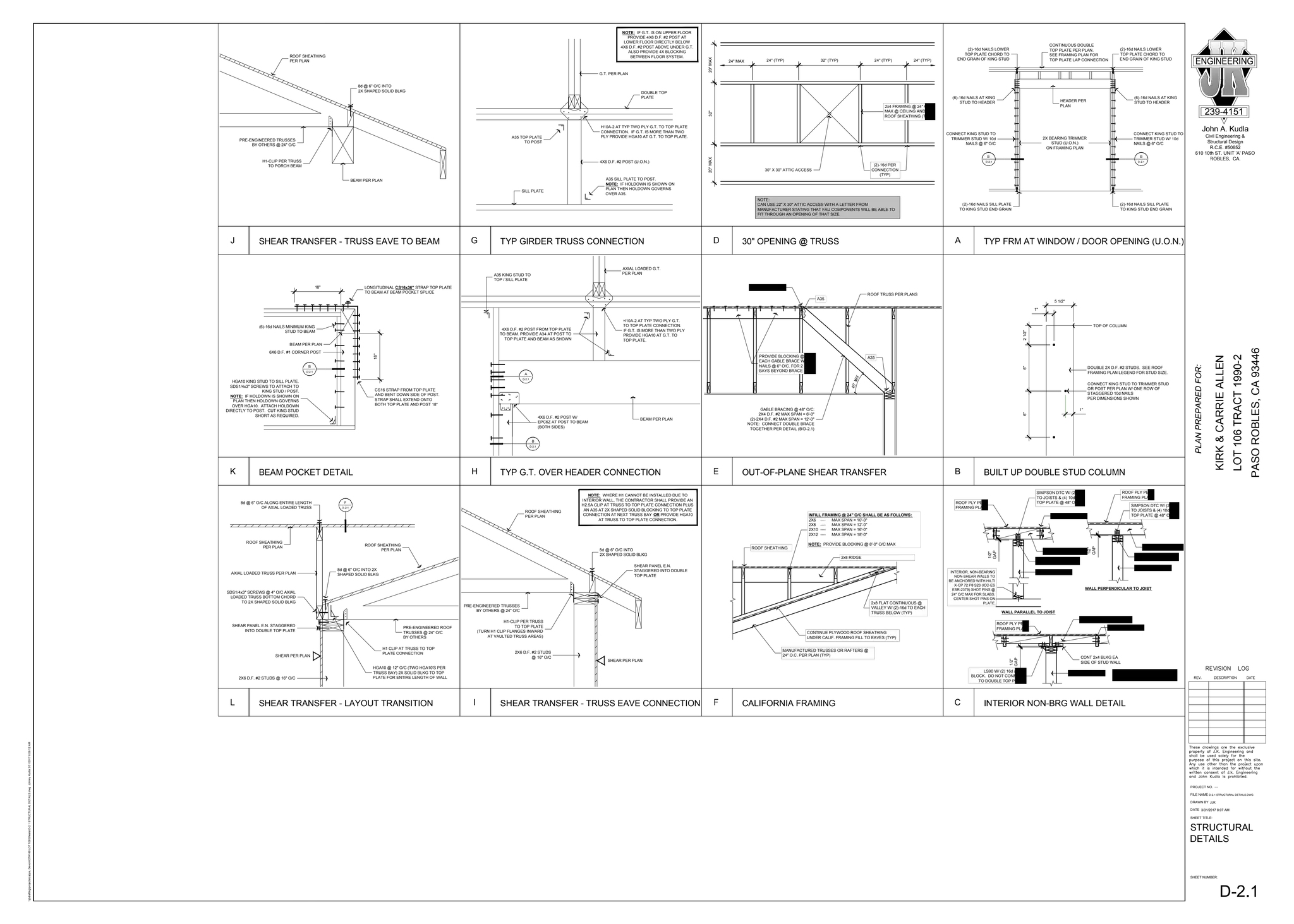 (6)-16d NAILS AT KING
STUD TO HEADER
(6)-16d NAILS AT KING
STUD TO HEADER
CONNECT KING STUD TO
TRIMMER STUD W/ 10d
NAILS @ 6" O/C
CONNECT KING STUD TO
TRIMMER STUD W/ 10d
NAILS @ 6" O/C
HEADER PER
PLAN
B
D-2.1
B
D-2.1
(2)-16d NAILS LOWER
TOP PLATE CHORD TO
END GRAIN OF KING STUD
(2)-16d NAILS LOWER
TOP PLATE CHORD TO
END GRAIN OF KING STUD
(2)-16d NAILS SILL PLATE
TO KING STUD END GRAIN
(2)-16d NAILS SILL PLATE
TO KING STUD END GRAIN
2X BEARING TRIMMER
STUD (U.O.N.)
ON FRAMING PLAN
CONTINUOUS DOUBLE
TOP PLATE PER PLAN.
SEE FRAMING PLAN FOR
TOP PLATE LAP CONNECTION
1"
5 1/2"
2
1/2"
6"
6"
DOUBLE 2X D.F. #2 STUDS. SEE ROOF
FRAMING PLAN LEGEND FOR STUD SIZE.
TOP OF COLUMN
1"
CONNECT KING STUD TO TRIMMER STUD
OR POST PER PLAN W/ ONE ROW OF
STAGGERED 10d NAILS
PER DIMENSIONS SHOWN
ROOF PLY PER
FRAMING PLAN
ROOF JOIST
1/2"
GAP
STUD WALL
(2) 8d STAGGER 1
2"
2x BLKG @ 48" O/C
SIMPSON DTC W/ (2) 8d
TO JOISTS & (4) 10d TO
TOP PLATE @ 48" O/C
ROOF PLY PER
FRAMING PLAN
1/2"
GAP
STUD WALL
(2) 8d STAGGER 1
2"
WALL PERPENDICULAR TO JOIST
2x BLKG @ 48" O/C
SIMPSON DTC W/ (2) 8d
TO JOISTS & (4) 10d TO
TOP PLATE @ 48" O/C
ROOF PLY PER
FRAMING PLAN ROOF JOIST
1/2"
GAP
STUD WALL WALL PARALLEL TO TRUSSES
(TRUSS CENTERED @ WALL)
2x BLKG @ 6' O/C (U.O.N.)
LS90 W/ (2) 16d @ EA
BLOCK. DO NOT CONNECT
TO DOUBLE TOP PLATE
WALL PARALLEL TO JOIST
CONT 2x4 BLKG EA
SIDE OF STUD WALL
INTERIOR, NON-BEARING
NON-SHEAR WALLS TO
BE ANCHORED WITH HILTI
X-CP 72 P8 S23 (ICC-ES
ESR-2379) SHOT PINS @
24" O/C MAX FOR SLABS.
CENTER SHOT PINS ON
PLATE.
20"
MAX
20"
MAX
32"
30" X 30" ATTIC ACCESS
(2)-16d PER
CONNECTION
(TYP)
2x4 FRAMING @ 24" O/C
MAX @ CEILING AND
ROOF SHEATHING (TYP)
24" MAX 24" (TYP) 32" (TYP) 24" (TYP) 24" (TYP)
NOTE:
CAN USE 22" X 30" ATTIC ACCESS WITH A LETTER FROM
MANUFACTURER STATING THAT FAU COMPONENTS WILL BE ABLE TO
FIT THROUGH AN OPENING OF THAT SIZE.
A35
ROOF TRUSS PER PLANS
A35
8d @ 6" O/C
PROVIDE BLOCKING @
EACH GABLE BRACE W/ 8d
NAILS @ 6" O/C. FOR 2
BAYS BEYOND BRACE
GABLE BRACING @ 48" O/C:
2X4 D.F. #2 MAX SPAN = 6'-0"
(2)-2X4 D.F. #2 MAX SPAN = 12'-0"
NOTE: CONNECT DOUBLE BRACE
TOGETHER PER DETAIL (B/D-2.1)
ROOF SHEATHING
INFILL FRAMING @ 24" O/C SHALL BE AS FOLLOWS:
2X6 ---- MAX SPAN = 10'-0"
2X8 ---- MAX SPAN = 12'-0"
2X10 ---- MAX SPAN = 16'-0"
2X12 ---- MAX SPAN = 18'-0"
NOTE: PROVIDE BLOCKING @ 8'-0" O/C MAX
2x8 RIDGE
2x8 FLAT CONTINUOUS @
VALLEY W/ (2)-16d TO EACH
TRUSS BELOW (TYP)
CONTINUE PLYWOOD ROOF SHEATHING
UNDER CALIF. FRAMING FILL TO EAVES (TYP)
MANUFACTURED TRUSSES OR RAFTERS @
24" O.C. PER PLAN (TYP)
G.T. PER PLAN
H10A-2 AT TYP TWO PLY G.T. TO TOP PLATE
CONNECTION. IF G.T. IS MORE THAN TWO
PLY PROVIDE HGA10 AT G.T. TO TOP PLATE.
A35 TOP PLATE
TO POST
A35 SILL PLATE TO POST.
NOTE: IF HOLDOWN IS SHOWN ON
PLAN THEN HOLDOWN GOVERNS
OVER A35.
4X6 D.F. #2 POST (U.O.N.)
DOUBLE TOP
PLATE
SILL PLATE
NOTE: IF G.T. IS ON UPPER FLOOR
PROVIDE 4X6 D.F. #2 POST AT
LOWER FLOOR DIRECTLY BELOW
4X6 D.F. #2 POST ABOVE UNDER G.T.
ALSO PROVIDE 4X BLOCKING
BETWEEN FLOOR SYSTEM.
AXIAL LOADED G.T.
PER PLAN
4X6 D.F. #2 POST W/
EPC6Z AT POST TO BEAM
(BOTH SIDES)
4X6 D.F. #2 POST FROM TOP PLATE
TO BEAM. PROVIDE A34 AT POST TO
TOP PLATE AND BEAM AS SHOWN
BEAM PER PLAN
A
D-2.1
B
D-2.1
A35 KING STUD TO
TOP / SILL PLATE
H10A-2 AT TYP TWO PLY G.T.
TO TOP PLATE CONNECTION.
IF G.T. IS MORE THAN TWO PLY
PROVIDE HGA10 AT G.T. TO
TOP PLATE.
ROOF SHEATHING
PER PLAN
8d @ 6" O/C INTO
2X SHAPED SOLID BLKG
SHEAR PANEL E.N.
STAGGERED INTO DOUBLE
TOP PLATE
H1-CLIP PER TRUSS
TO TOP PLATE
(TURN H1 CLIP FLANGES INWARD
AT VAULTED TRUSS AREAS)
2X6 D.F. #2 STUDS
@ 16" O/C
SHEAR PER PLAN
PRE-ENGINEERED TRUSSES
BY OTHERS @ 24" O/C
NOTE: WHERE H1 CANNOT BE INSTALLED DUE TO
INTERIOR WALL, THE CONTRACTOR SHALL PROVIDE AN
H2.5A CLIP AT TRUSS TO TOP PLATE CONNECTION PLUS
AN A35 AT 2X SHAPED SOLID BLOCKING TO TOP PLATE
CONNECTION AT NEXT TRUSS BAY OR PROVIDE HGA10
AT TRUSS TO TOP PLATE CONNECTION.
ROOF SHEATHING
PER PLAN
8d @ 6" O/C INTO
2X SHAPED SOLID BLKG
H1-CLIP PER TRUSS
TO PORCH BEAM
PRE-ENGINEERED TRUSSES
BY OTHERS @ 24" O/C
BEAM PER PLAN
HGA10 KING STUD TO SILL PLATE.
SDS1/4x3" SCREWS TO ATTACH TO
KING STUD / POST.
NOTE: IF HOLDOWN IS SHOWN ON
PLAN THEN HOLDOWN GOVERNS
OVER HGA10. ATTACH HOLDOWN
DIRECTLY TO POST. CUT KING STUD
SHORT AS REQUIRED.
6X6 D.F. #1 CORNER POST
BEAM PER PLAN
18"
18"
CS16 STRAP FROM TOP PLATE
AND BENT DOWN SIDE OF POST.
STRAP SHALL EXTEND ONTO
BOTH TOP PLATE AND POST 18"
LONGITUDINAL CS16x36" STRAP TOP PLATE
TO BEAM AT BEAM POCKET SPLICE
B
D-2.1
(6)-16d NAILS MINIMUM KING
STUD TO BEAM
ROOF SHEATHING
PER PLAN
F
D-2.1
8d @ 6" O/C INTO 2X
SHAPED SOLID BLKG
ROOF SHEATHING
PER PLAN
PRE-ENGINEERED ROOF
TRUSSES @ 24" O/C
BY OTHERS
H1 CLIP AT TRUSS TO TOP
PLATE CONNECTION
HGA10 @ 12" O/C (TWO HGA10'S PER
TRUSS BAY) 2X SOLID BLKG TO TOP
PLATE FOR ENTIRE LENGTH OF WALL
2X6 D.F. #2 STUDS @ 16" O/C
SHEAR PANEL E.N. STAGGERED
INTO DOUBLE TOP PLATE
SHEAR PER PLAN
8d @ 6" O/C ALONG ENTIRE LENGTH
OF AXIAL LOADED TRUSS
AXIAL LOADED TRUSS PER PLAN
SDS1/4x3" SCREWS @ 4" O/C AXIAL
LOADED TRUSS BOTTOM CHORD
TO 2X SHAPED SOLID BLKG
SHEET NUMBER:
SHEET TITLE:
PROJECT NO.
DRAWN BY
FILE NAME
DATE
jbdraftingprojectscapps,
DevonlOT#106LOT
106SheetsD-2.1
STRUCTURAL
DETAILS.dwg
Johnny
Kudla
3/31/2017
8:06:12
AM
John A. Kudla
Civil Engineering &
Structural Design
R.C.E. #50652
610 10th ST. UNIT 'A' PASO
ROBLES, CA.
239-4151
PASO
ROBLES,
CA
93446
LOT
106
TRACT
1990-2
KIRK
&
CARRIE
ALLEN
3/31/2017 8:07 AM
----
D-2.1 STRUCTURAL DETAILS.DWG
JJK
STRUCTURAL
DETAILS
D-2.1
A TYP FRM AT WINDOW / DOOR OPENING (U.O.N.)
B BUILT UP DOUBLE STUD COLUMN
C INTERIOR NON-BRG WALL DETAIL
D 30" OPENING @ TRUSS
E OUT-OF-PLANE SHEAR TRANSFER
F CALIFORNIA FRAMING
G TYP GIRDER TRUSS CONNECTION
H TYP G.T. OVER HEADER CONNECTION
I SHEAR TRANSFER - TRUSS EAVE CONNECTION
J SHEAR TRANSFER - TRUSS EAVE TO BEAM
K BEAM POCKET DETAIL
L SHEAR TRANSFER - LAYOUT TRANSITION
 