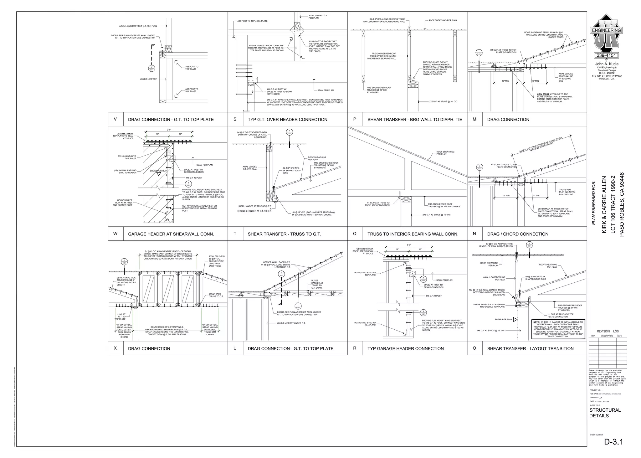 18" MIN
AXIAL LOADED
TRUSS IN LINE
W/ BUILDING
JOG
CS14 STRAP AT TRUSS TO TOP
PLATE CONNECTION. STRAP SHALL
EXTEND ONTO BOTH TOP PLATE
AND TRUSS 18" MINIMUM.
I
D-2.1
18" MIN
ROOF SHEATHING PER PLAN W/ 8d @ 6"
O/C ALONG ENTIRE LENGTH OF AXIAL
LOADED TRUSS
H1 CLIP AT TRUSS TO TOP
PLATE CONNECTION
18" MIN
TRUSS PER
PLAN IN LINE W/
BUILDING JOG
CS16 STRAP AT TRUSS TO TOP
PLATE CONNECTION. STRAP SHALL
EXTEND ONTO BOTH TOP PLATE
AND TRUSS 18" MINIMUM.
I
D-2.1
18" MIN
8d @ 6" O/C FOR 4'-0" MINIMUM ALONG TRUSS
IN LINE W/ BUIDLING JOG
H1 CLIP AT TRUSS TO TOP
PLATE CONNECTION
AXIAL LOADED TRUSS
PER PLAN
ROOF SHEATHING
PER PLAN
8d @ 6" O/C ALONG ENTIRE
LENGTH OF AXIAL LOADED TRUSS
F
D-2.1
10d @ 12" O/C AXIAL LOADED TRUSS
BOTTOM CHORD TO 2X SHAPED
SOLID BLKG
8d @ 6" O/C INTO 2X
SHAPED SOLID BLKG
ROOF SHEATHING
PER PLAN
PRE-ENGINEERED ROOF
TRUSSES @ 24" O/C
BY OTHERS
H1 CLIP AT TRUSS TO TOP
PLATE CONNECTION
2X6 D.F. #2 STUDS @ 16" O/C
SHEAR PANEL E.N. STAGGERED
INTO DOUBLE TOP PLATE
SHEAR PER PLAN
NOTE: WHERE H1 CANNOT BE INSTALLED DUE TO
INTERIOR WALL, THE CONTRACTOR SHALL
PROVIDE AN H2.5A CLIP AT TRUSS TO TOP PLATE
CONNECTION PLUS AN A35 AT 2X SHAPED SOLID
BLOCKING TO TOP PLATE CONNECT AT NEXT
TRUSS BAY OR PROVIDE HGA10 AT TRUSS TO TOP
PLATE CONNECTION.
2X6 D.F. #2 STUDS @ 16" O/C
PRE-ENGINEERED ROOF
TRUSS BY OTHERS IN LINE
W/ EXTERIOR BEARING WALL
8d @ 6" O/C ALONG BEARING TRUSS
FOR LENGTH OF EXTERIOR BEARING WALL
ROOF SHEATHING PER PLAN
PROVIDE (2)-A35 EVENLY
SPACED ALONG EXTERIOR
BEARING WALL FROM TRUSS
BOTTOM CHORD TO TOP
PLATE USING SIMPSON
SD#9x1.5" SCREWS.
PRE-ENGINEERED ROOF
TRUSSES @ 24" O/C
BY OTHERS
2X6 D.F. #2 STUDS @ 16" O/C
PRE-ENGINEERED ROOF
TRUSSES @ 24" O/C BY OTHERS
H1 CLIPS AT TRUSS TO
TOP PLATE CONNECTION
ROOF SHEATHING
PER PLAN
18" 18"
3'-0"
BEAM PER PLAN
4X6 D.F #2 POST
PROVIDE FULL HEIGHT KING STUD NEXT
TO 4X6 D.F. #2 POST. CONNECT KING STUD
TO POST W/ (1)-ROWS 10d NAILS @ 6" O/C
ALONG ENTIRE LENGTH OF KING STUD AS
SHOWN
HGA10 KING STUD TO
SILL PLATE
CS16x36" STRAP
TOP PLATE TO BEAM
AT SPLICE
B
D-2.1
EPC6Z AT POST TO
BEAM CONNECTION
A
D-2.1
HGA10 KING STUD TO
TOP PLATE
AXIAL LOADED G.T.
PER PLAN
4X6 D.F. #2 POST W/
EPC6Z AT POST TO BEAM
(BOTH SIDES)
4X6 D.F. #2 POST FROM TOP PLATE
TO BEAM. PROVIDE A34 AT POST TO
TOP PLATE AND BEAM AS SHOWN
BEAM PER PLAN
H10A-2 AT TYP TWO PLY G.T.
TO TOP PLATE CONNECTION.
IF G.T. IS MORE THAN TWO PLY
PROVIDE HGA10 AT G.T. TO
TOP PLATE.
6X6 D.F. #1 KING / SHEARWALL END POST. CONNECT KING POST TO HEADER
W/ (4)-SDWS0.22x8" SCREWS AND CONNECT KING POST TO BEARING POST W/
SDWS0.22x8" SCREWS @ 12" O/C ALONG LENGTH OF POST.
A35 POST TO TOP / SILL PLATE
ROOF SHEATHING
PER PLAN
8d @ 6" O/C INTO
2X SHAPED SOLID
BLKG
PRE-ENGINEERED ROOF
TRUSSES @ 24" O/C
BY OTHERS
AXIAL LOADED
G.T. PER PLAN
HUS26 HANGER AT TRUSS TO G.T.
&
HHUS26-2 HANGER AT G.T. TO G.T.
8d @ 6" O/C STAGGERED INTO
BOTH TOP CHORDS OF AXIAL
LOADED G.T.
16d @ 12" O/C (TWO NAILS PER TRUSS BAY)
2X SOLID BLKG TO G.T. BOTTOM CHORD.
F
D-2.1
OFFSET AXIAL LOADED G.T.
W/ 8d @ 6" O/C ALONG ENTIRE
LENGTH OF G.T.
HUS26
HANGER AT
TRUSS TO
G.T. CONN.
DSCR/L PER PLAN AT OFFSET AXIAL LOADED
G.T. TO TOP PLATE IN LINE CONNECTION
4X6 D.F. #2 POST UNDER G.T.
T
D-3.1
V
D-3.1
AXIAL LOADED OFFSET G.T. PER PLAN
A35 POST TO
TOP PLATE
4X6 D.F. #2 POST
A35 POST TO
SILL PLATE
U
D-3.1
DSCR/L PER PLAN AT OFFSET AXIAL LOADED
G.T. TO TOP PLATE IN LINE CONNECTION
18" 18"
3'-0"
BEAM PER PLAN
4X6 D.F #2 POST
PROVIDE FULL HEIGHT KING STUD NEXT
TO 4X6 D.F. #2 POST. CONNECT KING STUD
TO POST W/ (1)-ROWS 10d NAILS @ 6" O/C
ALONG ENTIRE LENGTH OF KING STUD AS
SHOWN
CS16x36" STRAP
TOP PLATE TO BEAM
AT SPLICE
HOLDOWN PER
PLAN AT 4X POST
AND CORNER POST CUT KING STUD AS REQUIRED FOR
HOLDOWN TO BE INSTALLED ONTO
POST
SHEAR PER PLAN
A35 KING STUD TO
TOP PLATE
B
D-2.1
EPC6Z AT POST TO
BEAM CONNECTION
(12)-16d NAILS AT KING
STUD TO HEADER
CONTINUOUS CS16 STRAPPING &
PRE-ENGINEERED SHEAR BOXES @ 24" O/C.
STRAP NAILING ALONG THIS LENGTH SHALL
CONSIST OF 8d @ 6" O/C MAX SPACING.
18" MIN W/ FULL
STRAP NAILING
ONTO AXIAL
TRUSS BTM
CHORD
18" MIN W/ FULL
STRAP NAILING
ONTO (2)-PLY
AXIAL TRUSS
RIGHT BTM
CHORD
(2)-PLY AXIAL JACK
TRUSS W/ 8d @ 6"
O/C ALONG ENTIRE
LENGTH
H10-2 AT
G.T. TO
TOP PLATE
AXIAL TRUSS W/
8d @ 6" O/C
ALONG ENTIRE
LENGTH OF
JACK TRUSS
LUS24 JACK
TRUSS TO G.T.
8d @ 6" O/C ALONG ENTIRE LENGTH OF SHEAR
BOXES. HANG EACH CORNER OF SHEAR BOX TO
TRUSS TOP / BOTTOM CHORD W/ A34. STAGGER
ON EACH SIDE SO NAILS DON'T HIT EACH OTHER.
F
D-2.1
SHEET NUMBER:
SHEET TITLE:
PROJECT NO.
DRAWN BY
FILE NAME
DATE
jbdraftingprojectscapps,
DevonlOT#106LOT
106SheetsD-3.1
STRUCTURAL
DETAILS.dwg
Johnny
Kudla
2/14/2017
11:53:21
AM
John A. Kudla
Civil Engineering &
Structural Design
R.C.E. #50652
610 10th ST. UNIT 'A' PASO
ROBLES, CA.
239-4151
PASO
ROBLES,
CA
93446
LOT
106
TRACT
1990-2
KIRK
&
CARRIE
ALLEN
3/31/2017 8:00 AM
----
D-3.1 STRUCTURAL DETAILS.DWG
JJK
STRUCTURAL
DETAILS
D-3.1
M DRAG CONNECTION
N DRAG / CHORD CONNECTION
O SHEAR TRANSFER - LAYOUT TRANSITION
P SHEAR TRANSFER - BRG WALL TO DIAPH. TIE
Q TRUSS TO INTERIOR BEARING WALL CONN.
R TYP GARAGE HEADER CONNECTION
S TYP G.T. OVER HEADER CONNECTION
T SHEAR TRANSFER - TRUSS TO G.T.
U DRAG CONNECTION - G.T. TO TOP PLATE
V DRAG CONNECTION - G.T. TO TOP PLATE
W GARAGE HEADER AT SHEARWALL CONN.
X DRAG CONNECTION
 