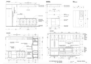 2001001300800150
690
aisle
900
bench length
1905
White laminated
recessed kicker
Black laminated
cupboard doors
with white laminated
inside space
40mm stone top
100
1705
100
Mixer tap
WELS 4 star rating
40
15
15
715
15
370 375 375 375 375
200
1505
200
690 900
ceiling playe with 2 x 42 LED light
1905
Ceiling plate
White laminated plate
Black laminated plate
950
SamsungSRF680CDLS
680Lfridge
Black laminated wall
Ceiling plate
White laminated plate
Black laminated plate
40mm stone top
Black laminated
cupboard doors
with white
laminated
inside space
White laminated
recessed kicker
Mixer tap
WELS 4 star ratingFisher & Paykel
DD60DCX7
dishwasher
Black laminated
drawer with bin
100 1705 100 900
50
550
bench
1905
aisle
900
bench
600
ceiling plate with 2 x 42W LED light
1905 900
cupboards
600
200 1505 200 900
15
570
15
1508001300100200
15
320 600 315 320 320
15
900
15
570
15
40
15
15
715
15
150
950
350
15
350
Samsung SRF680CDLS
680L fridge
White
laminated
cupboard'
inside space
Cupboards
150
15
360
15
370
40
650
15
360
15
360
15
185
bulkhead
185cupboards
765650
bench
950
20
510
20
Ceiling plate
White laminated plate
Black laminated plate
40mm stone top
White laminated
recessed kicker
Mixer tap
WELS 4 star rating
Black laminated
bench side
2001001300
40
15
365
15
365150
3001300950
250
50
800 100
overhang
250
cupboards
950
bench
1200
200 800 200
1200
Black
laminated
cupboard
doors;
white
laminated
inside and
side
cupboard'
surfaces
Black
laminated
cupboard
doors
with white
laminated
inside
space
Black laminated drawers
Fisher & Paykel HC90PCHTX2
range hood
Fisher & Paykel CG905DWFCX1
cook top
Fisher & Paykel OB90S9MEPX2
built-in oven
Samsung SRF680CDLS 680L
fridge
bulkhead
185cupboards
580
fridge
1785
185375
15
375650
40
375
15
370150
bulkhead
185cupboards
765650
bench
950
90
fridge
940
microwave & drawers
760
oven & drawer
900
cupboards
760
bench
2420
cupboards
925
cupboards
760
range hood
900
cupboards
760
microwave
465145145
Westinghouse WMG281SB
microwave with trim
DW
bench
1905
bench
1200
250 465 465
20
8651020
20
BIN
For:
DRAWING NAME:
SCALE @ A3
SHEET No: 1 : 25MR. HARVIE
Lot 1446 Bardia Ave, Bardia Internals. Kitchen
02-11
ELEVATION A
ELEVATION B
ELEVATION C
ISLAND BENCH
ELEVATION D
PLAN
ISLAND BENCH
 