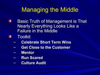 MMaannaaggiinngg tthhee MMiiddddllee 
BBaassiicc TTrruutthh ooff MMaannaaggeemmeenntt iiss TThhaatt 
NNeeaarrllyy EEvveerryytthhiinngg LLooookkss LLiikkee aa 
FFaaiilluurree iinn tthhee MMiiddddllee 
TToooollkkiitt 
– CCeelleebbrraattee SShhoorrtt TTeerrmm WWiinnss 
– GGeett CClloossee ttoo tthhee CCuussttoommeerr 
– MMeennttoorr 
– RRuunn SSccaarreedd 
– CCuullttuurree AAuuddiitt 
 