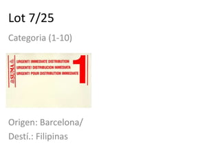 Lot 7/25
Categoria (1-10)

Origen: Barcelona/
Destí.: Filipinas

 