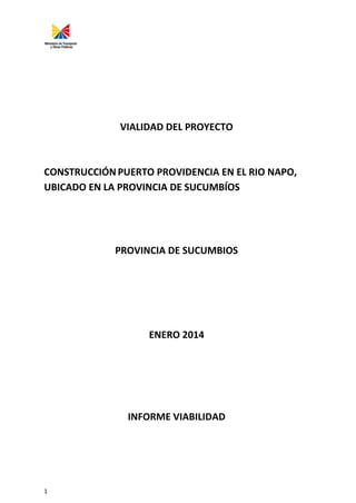 1
VIALIDAD DEL PROYECTO
CONSTRUCCIÓNPUERTO PROVIDENCIA EN EL RIO NAPO,
UBICADO EN LA PROVINCIA DE SUCUMBÍOS
PROVINCIA DE SUCUMBIOS
ENERO 2014
INFORME VIABILIDAD
 