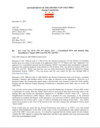 GOVERNMENT OF THE DISTRICT OF COLUMBIA
Zoning Commission
***
-
E
December 21,2015
ANC 5D
c/o Kathy Henderson, Chair
1807 L...