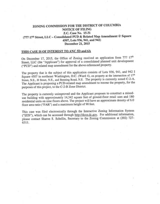 ZONING COMMISSION FOR THE DISTRICT OF COLUMBIA
NOTICE OF FILING
Z.C.CaseNo. 15'31
(777 Lle Stree! LLC - Consolidated PUD &...