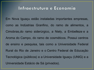 Em Nova Iguaçu estão instaladas importantes empresas,
como as Indústrias Granfino, do ramo de alimentos, a
Cimobras,do ramo siderúrgico, a Niely, a Embelleze e a
Aroma do Campo, do ramo de cosméticos. Possui centros
de ensino e pesquisa, tais como a Universidade Federal
Rural do Rio de Janeiro e o Centro Federal de Educação
Tecnológica (públicos) e a Universidade Iguaçu (UNIG) e a
Universidade Estácio de Sá (privados).

 