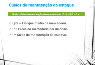 Custos de manutenção do estoque
 Q/2 = Estoque médio da mercadoria.
 P = Preço da mercadoria por unidade.
 I = Custo de manutenção de estoque.
Custo médio da manutenção de estoque anual (Cm) = Q/2 x P x I
 