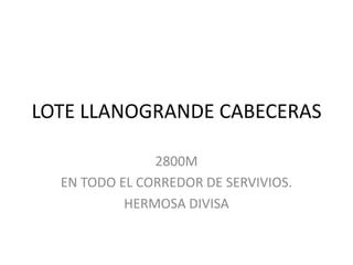 LOTE LLANOGRANDE CABECERAS
2800M
EN TODO EL CORREDOR DE SERVIVIOS.
HERMOSA DIVISA
 