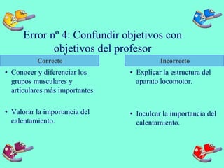 Error nº 4: Confundir objetivos con
objetivos del profesor
Correcto
• Conocer y diferenciar los
grupos musculares y
articulares más importantes.
• Valorar la importancia del
calentamiento.
• Explicar la estructura del
aparato locomotor.
• Inculcar la importancia del
calentamiento.
Incorrecto
 