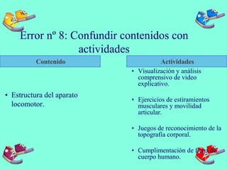 Error nº 8: Confundir contenidos con
actividades
Contenido
• Estructura del aparato
locomotor.
• Visualización y análisis
comprensivo de video
explicativo.
• Ejercicios de estiramientos
musculares y movilidad
articular.
• Juegos de reconocimiento de la
topografía corporal.
• Cumplimentación de ficha de
cuerpo humano.
Actividades
 