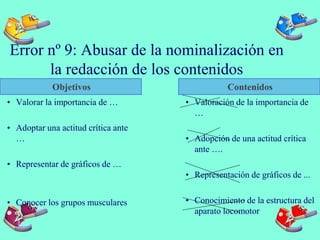 Error nº 9: Abusar de la nominalización en
la redacción de los contenidos
Objetivos
• Valorar la importancia de …
• Adoptar una actitud crítica ante
…
• Representar de gráficos de …
• Conocer los grupos musculares
…
• Valoración de la importancia de
…
• Adopción de una actitud crítica
ante ….
• Representación de gráficos de ...
• Conocimiento de la estructura del
aparato locomotor
Contenidos
 