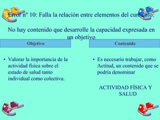 Error nº 10: Falla la relación entre elementos del currículo:
No hay contenido que desarrolle la capacidad expresada en
un objetivo
Objetivo
• Valorar la importancia de la
actividad física sobre el
estado de salud tanto
individual como colectiva.
• Es necesario trabajar, como
Actitud, un contenido que se
podría denominar
ACTIVIDAD FÍSICA Y
SALUD
Contenido
 